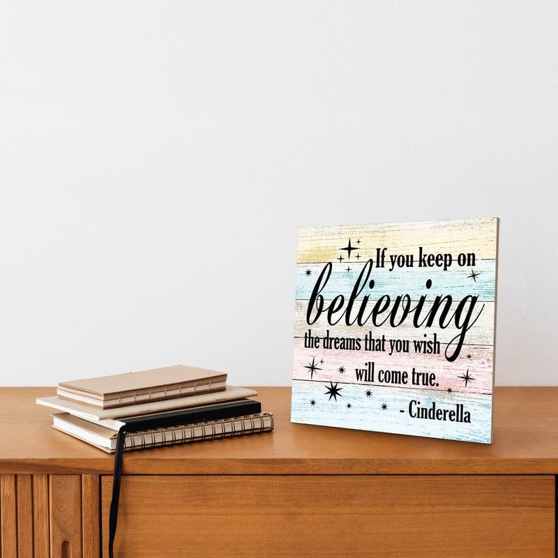 SUSZDOU Nursery Decor, Inspirational Sign, Wood Plaque Table Art Sign 6.2*6.2inch, Princess Shelf Decor, Bedroom Decorate for Baby Girl, Cute Decorate, If You Keep On Believing The Dreams You Wish Will Come True C - Image 4